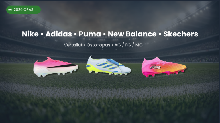 Juniorin jalkapallokengät 2026. Vertailussa Nike, Adidas, Puma, New Balance ja Skechers.